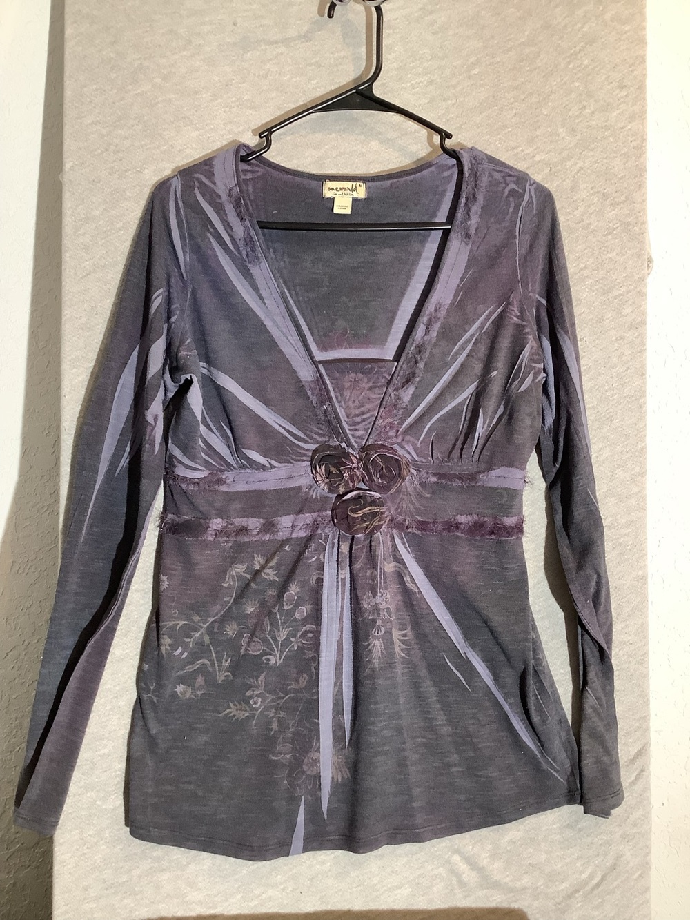 ONE WORLD Purple V-Neck Long Sleeve Top with Rosette Detail